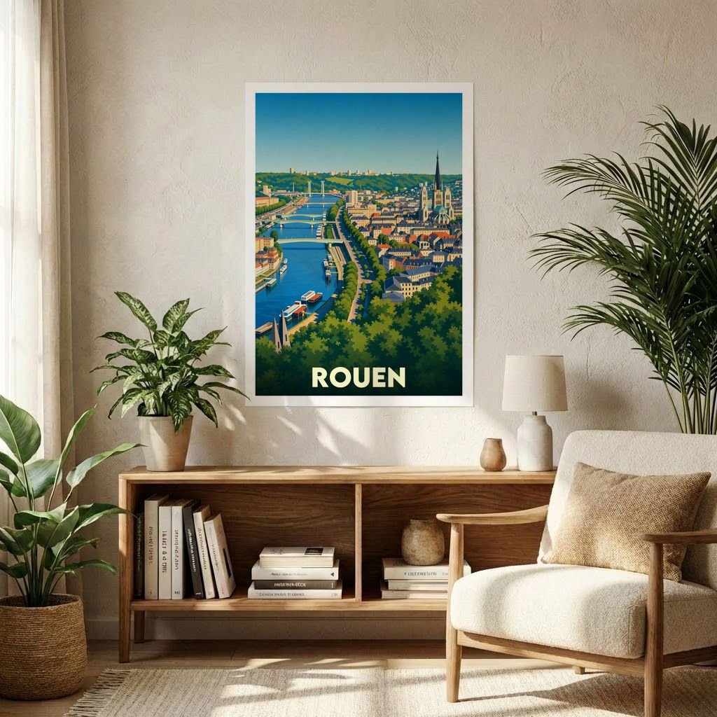 Affiche souvenir de la ville de Rouen avec une illustration stylisée de ses ponts et de sa cathédrale.