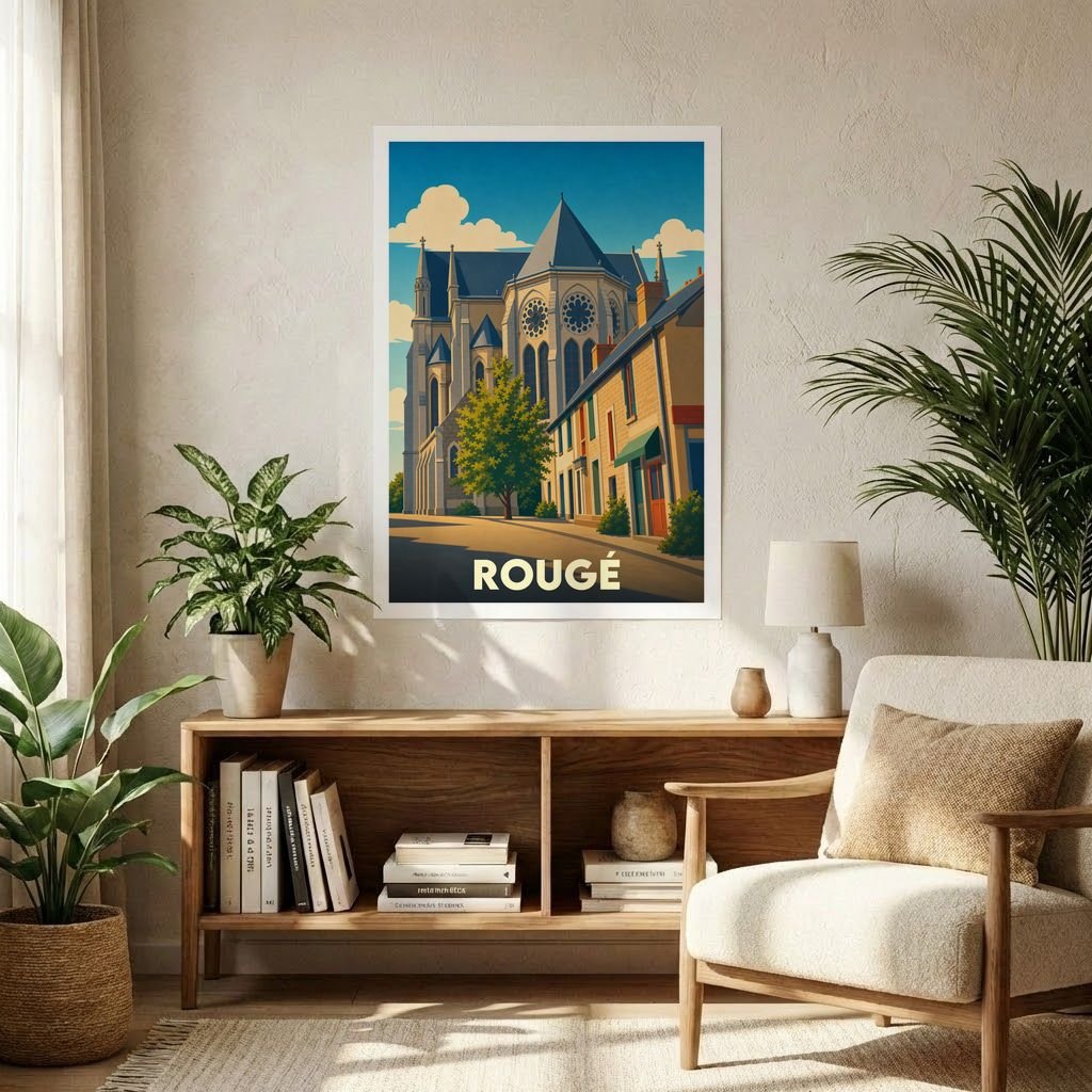 Affiche souvenir de la ville de Rougé avec une illustration stylisée de son architecture.
