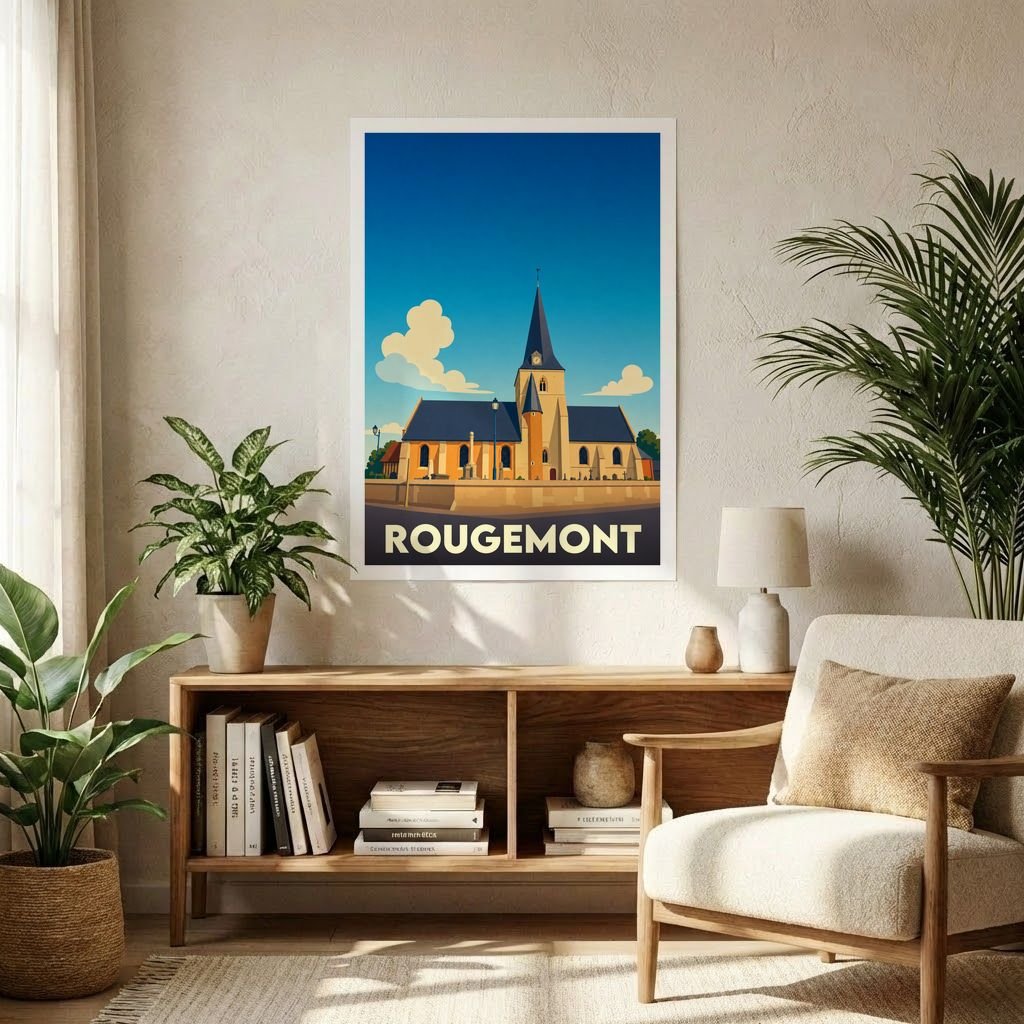 Affiche souvenir de la ville de Rougemont présentant une illustration stylisée de son église sous un ciel bleu.