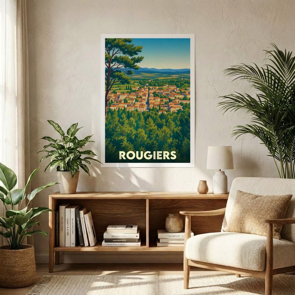 Affiche souvenir de la ville de Rougiers avec une illustration stylisée de style vintage représentant le village et son paysage naturel.