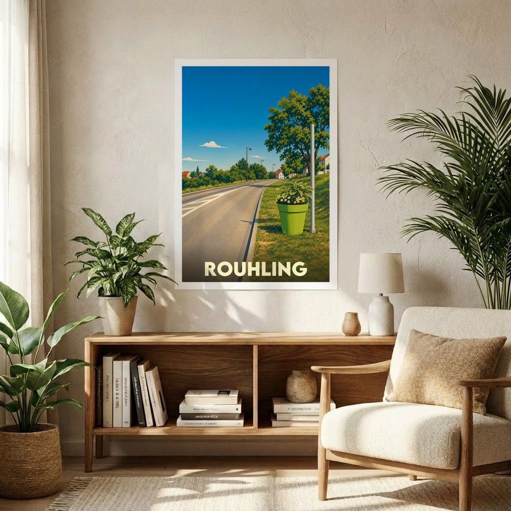 Affiche souvenir de la ville de Rouhling avec une illustration stylisée d'un paysage routier verdoyant.