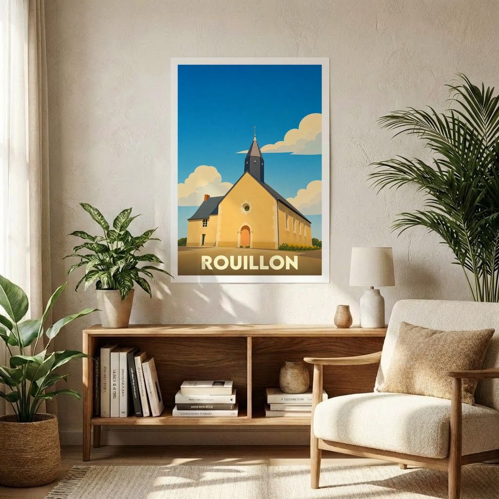 Affiche souvenir de la ville de Rouillon illustrant son église dans un style graphique et épuré.