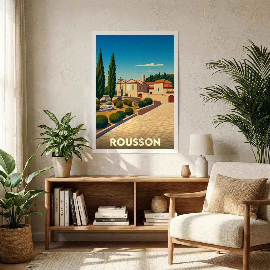 Affiche souvenir de la ville de Rousson avec une illustration stylisée et colorée.