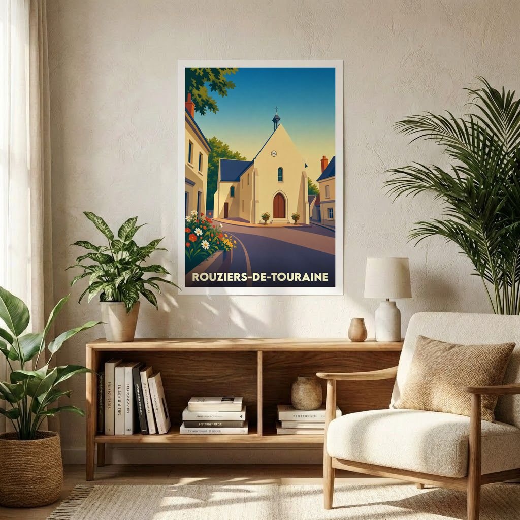Affiche souvenir de la ville de Rouziers-de-Touraine avec une illustration stylisée d'une église sous un ciel de fin de journée.