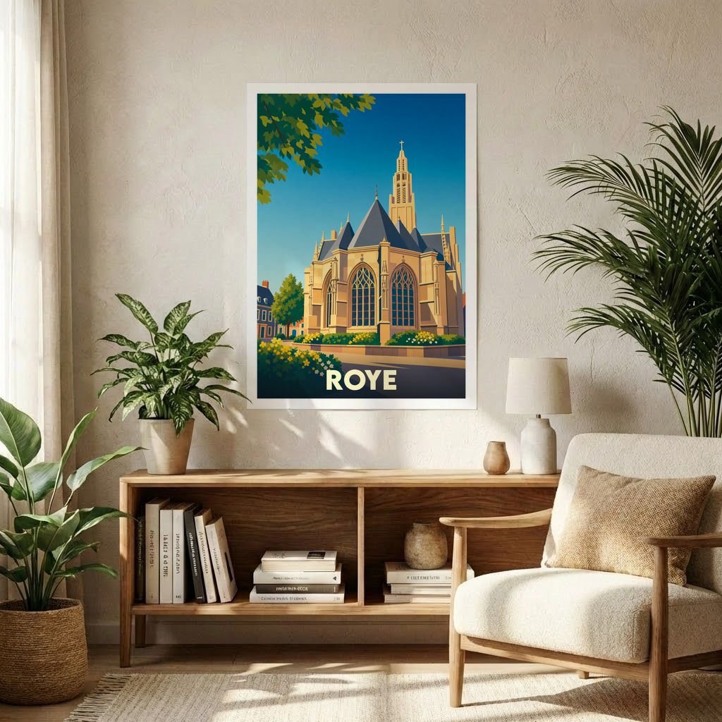 Affiche souvenir de la ville de Roye représentant une illustration stylisée de son église sous un ciel bleu.