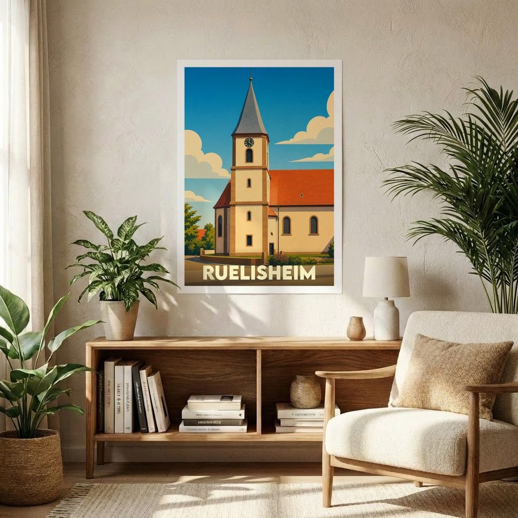 Affiche souvenir de la ville de Ruelisheim illustrant son église dans un style graphique épuré.