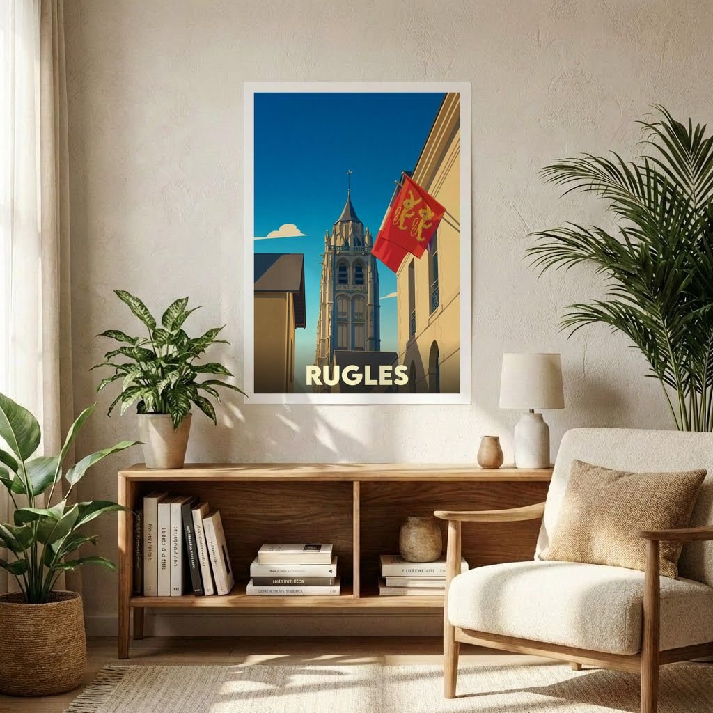 Affiche souvenir de la ville de Rugles avec une illustration stylisée de son église et d'un drapeau normand.
