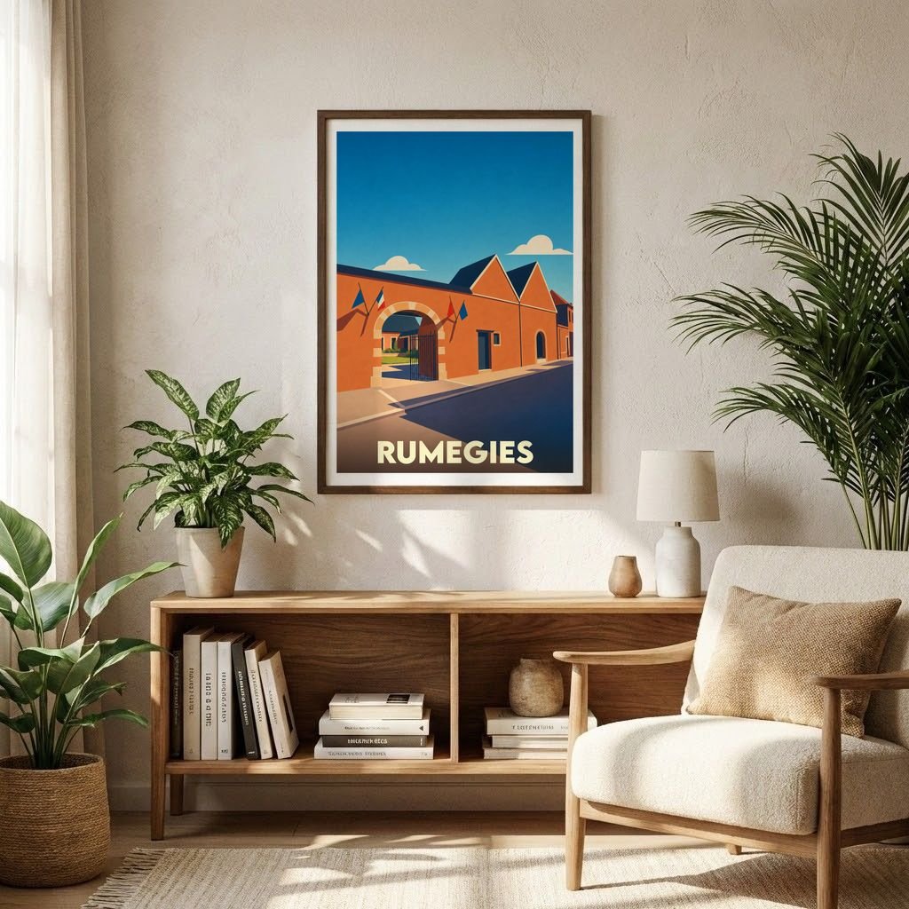 Affiche souvenir de la ville de Rumegies avec une illustration stylisée et colorée de son architecture.