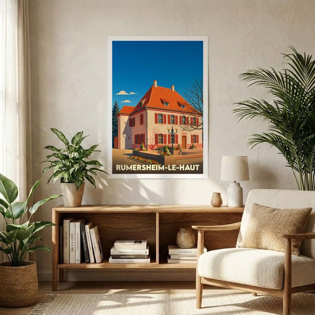 Affiche souvenir de la ville de Rumersheim-le-Haut avec une illustration stylisée d'un bâtiment traditionnel.