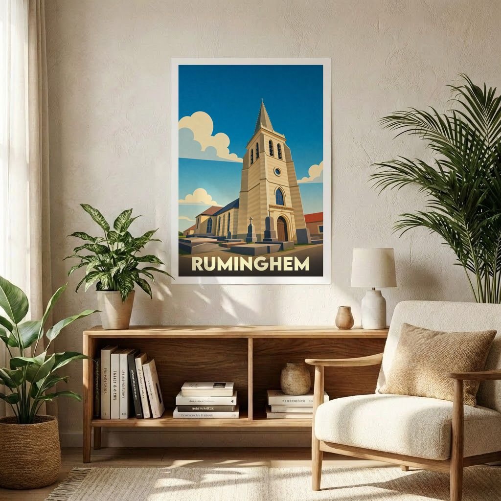 Affiche souvenir de la ville de Ruminghem représentant son église dans un style graphique rétro et épuré.