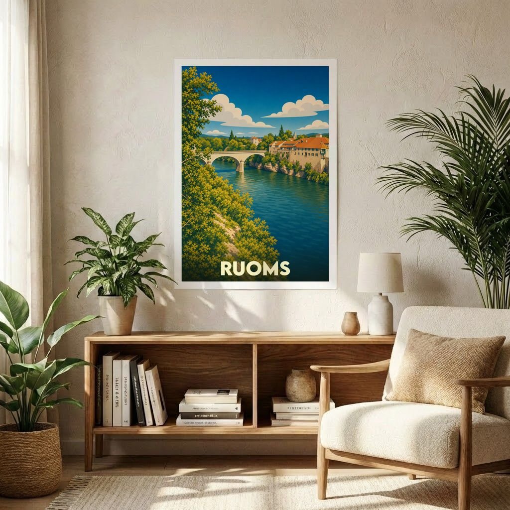 Affiche souvenir de la ville de Ruoms avec une illustration stylisée représentant un pont et la rivière.