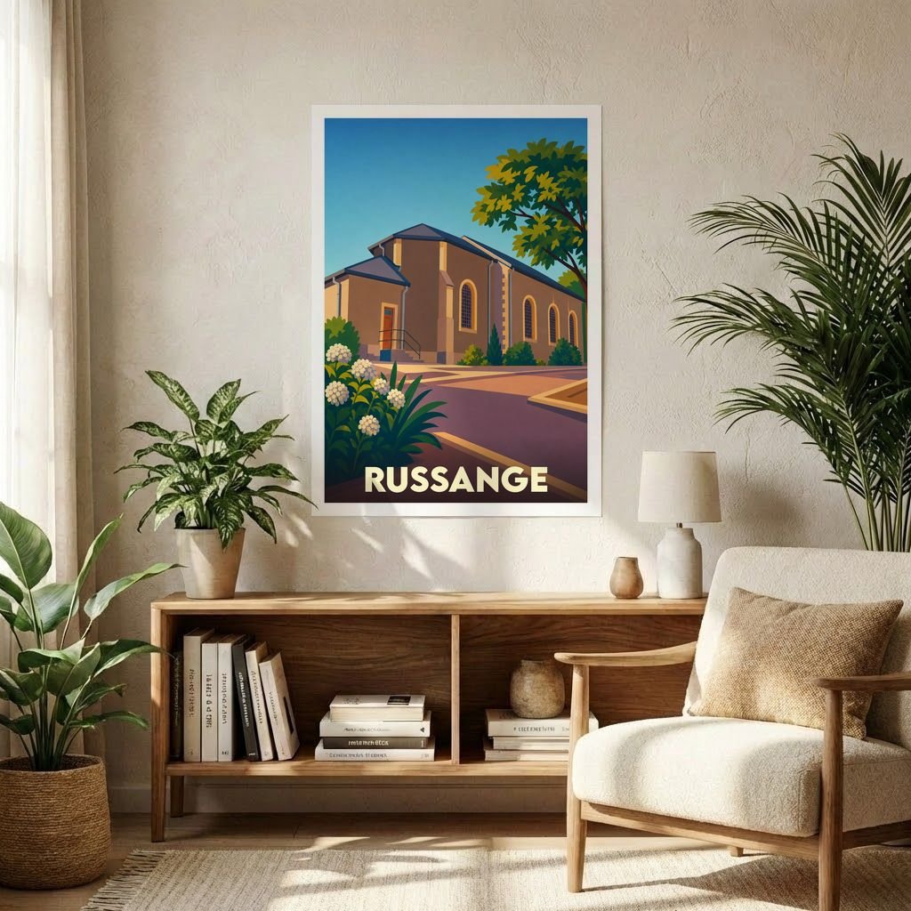 Affiche souvenir de la ville de Russange avec une illustration stylisée et colorée.