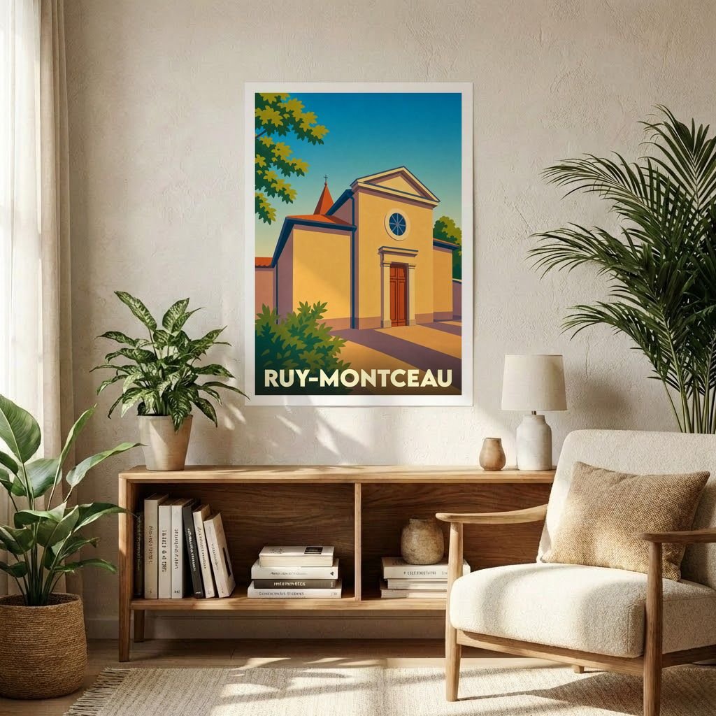 Affiche souvenir de la ville de Ruy-Montceau représentant son église dans un style graphique épuré et coloré.