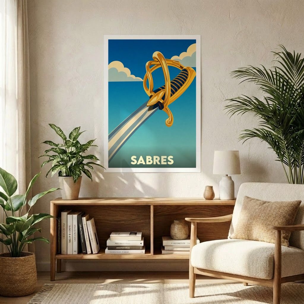 Affiche souvenir de la ville de Sabres avec une illustration stylisée d'un sabre doré sur fond de ciel bleu.