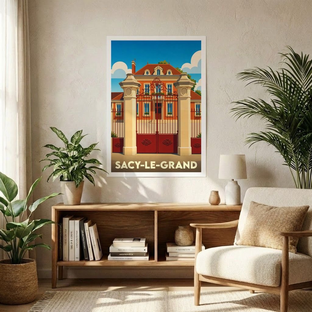Affiche souvenir de la ville de Sacy-le-Grand présentant une illustration stylisée d'un portail de propriété classique.