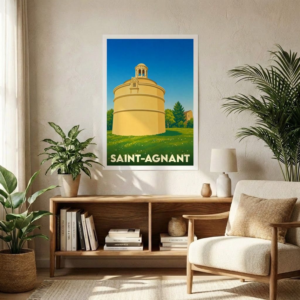 Affiche souvenir de la ville de Saint-Agnant présentant une illustration stylisée de sa célèbre glacière monumentale.