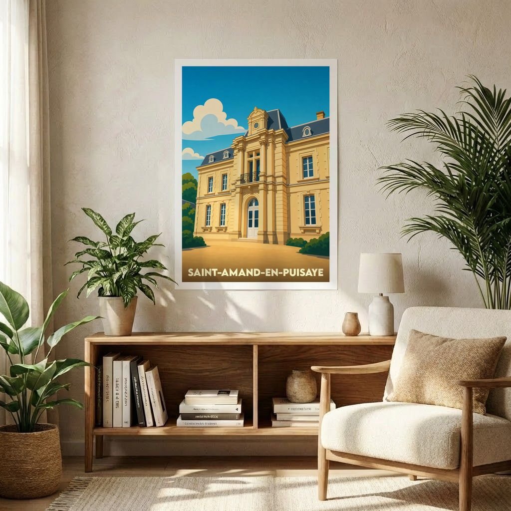 Affiche souvenir de la ville de Saint-Amand-en-Puisaye avec une illustration stylisée de son château.