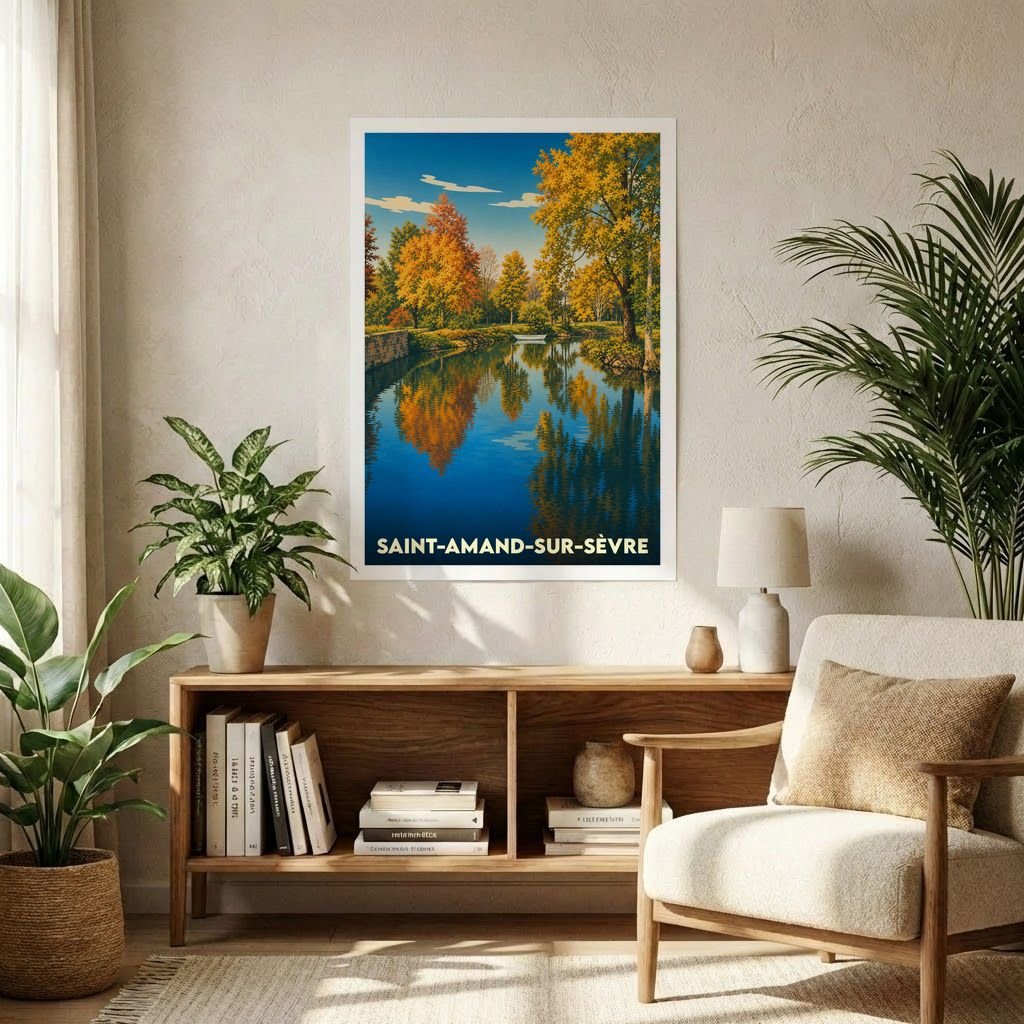 Affiche souvenir de la ville de Saint-Amand-sur-Sèvre illustrant un paysage automnal au bord de l'eau.