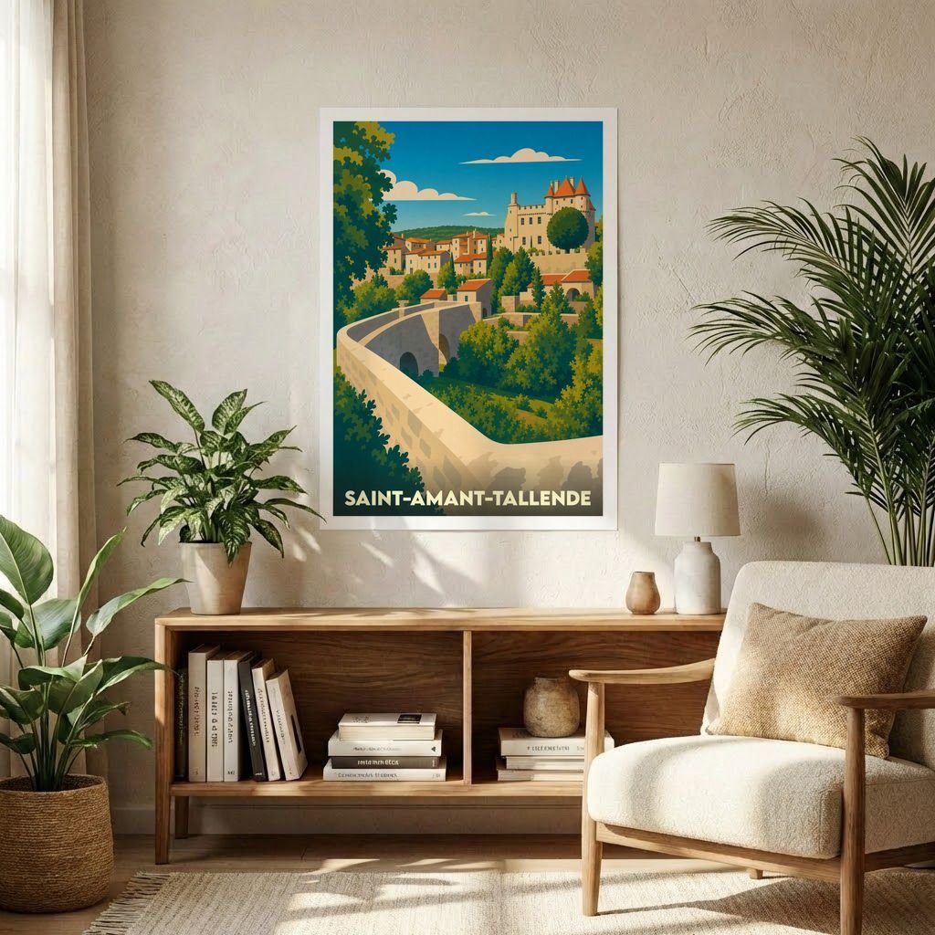 Affiche souvenir de la ville de Saint-Amant-Tallende présentant une illustration stylisée de son château et de son pont de pierre.