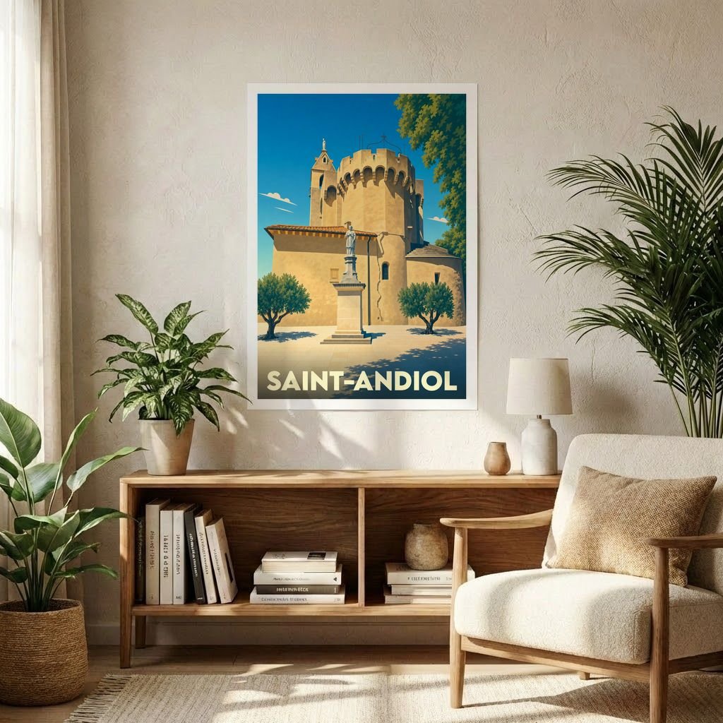 Affiche souvenir de la ville de Saint-Andiol avec une illustration stylisée d'un monument historique sous un ciel bleu.