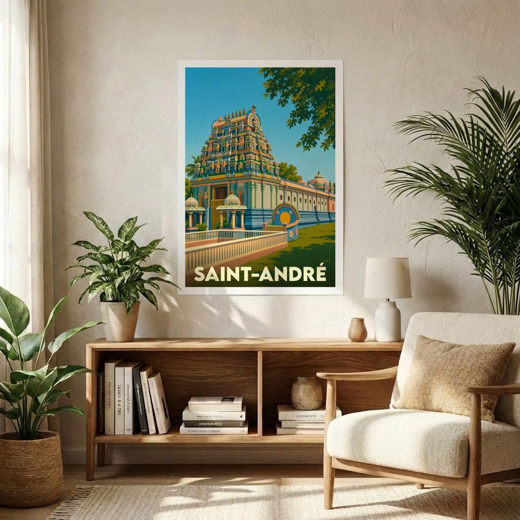 Affiche souvenir de la ville de Saint-André avec une illustration stylisée d'un temple tamoul.