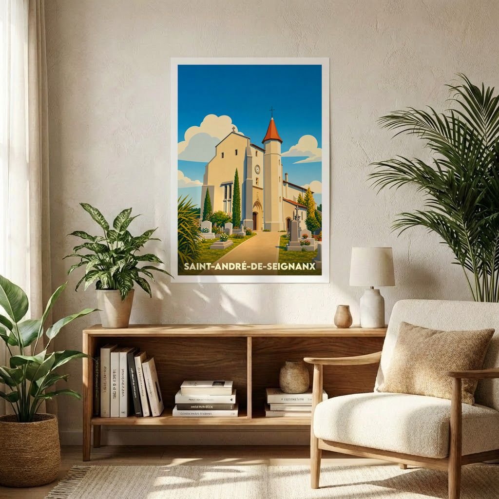 Affiche souvenir de la ville de Saint-André-de-Seignanx avec une illustration stylisée de son église.