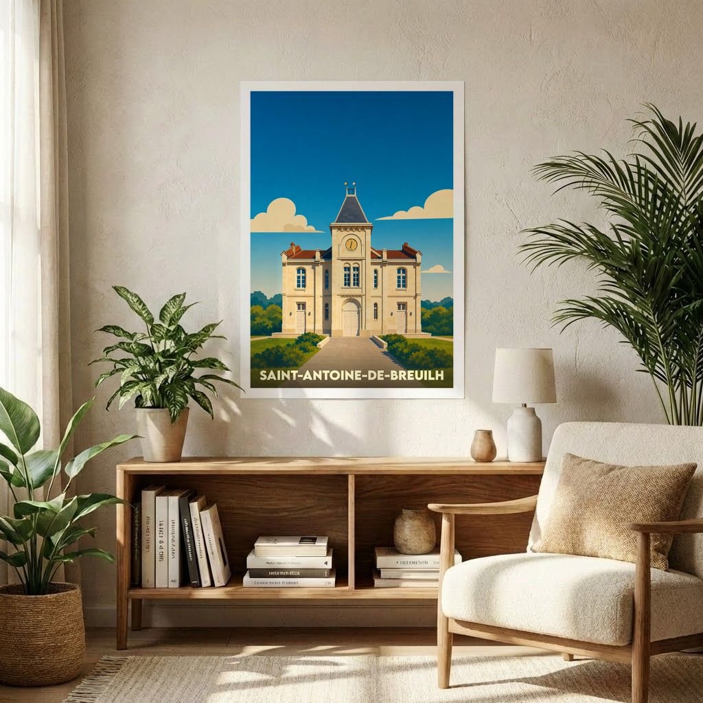 Affiche souvenir de la ville de Saint-Antoine-de-Breuilh présentant une illustration stylisée de sa mairie.