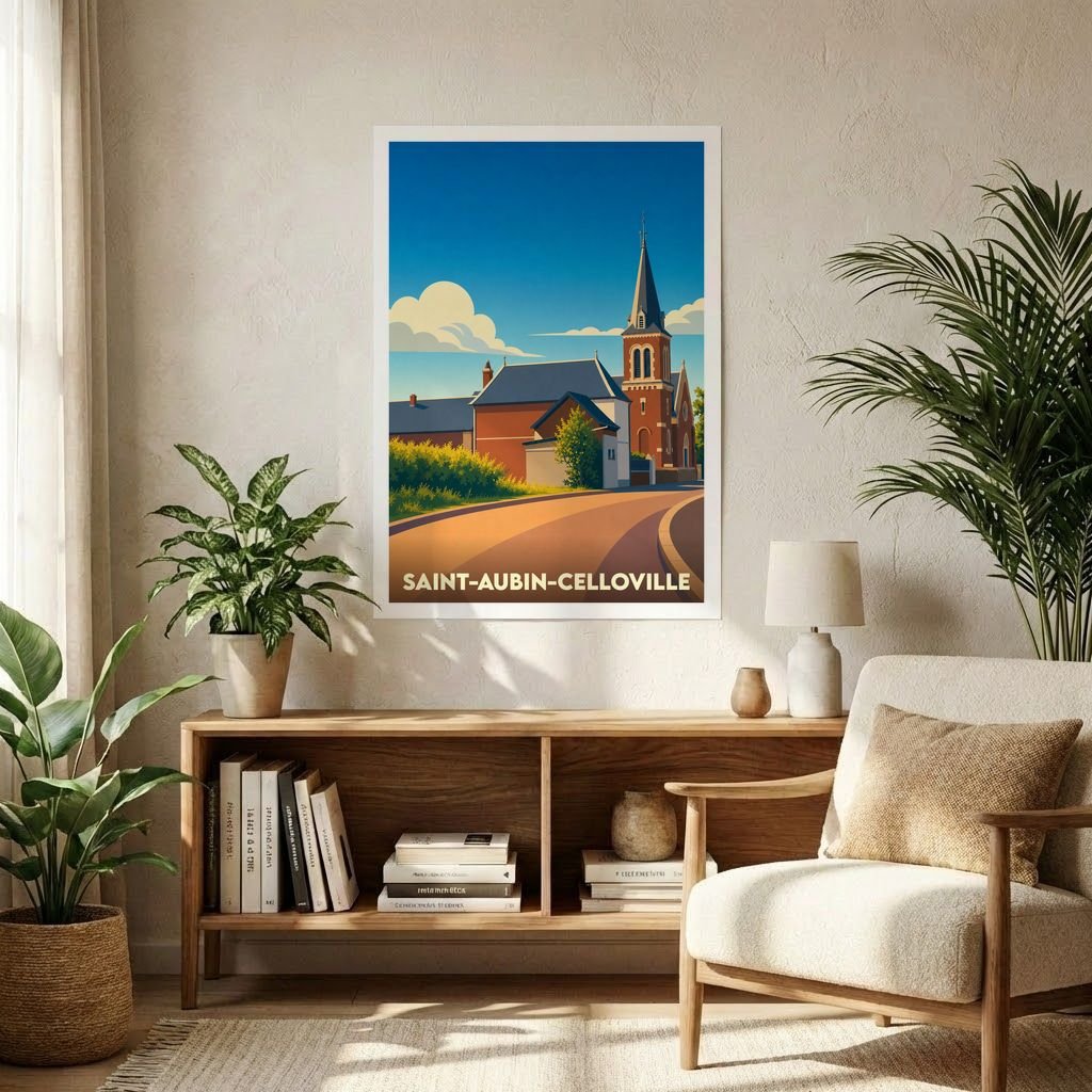 Affiche souvenir de la ville de Saint-Aubin-Celloville avec une illustration stylisée de son église sous un ciel bleu.