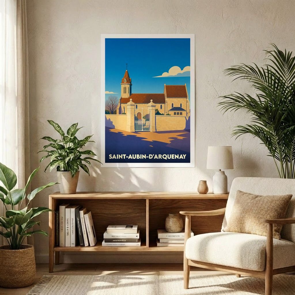 Affiche souvenir de la ville de Saint-Aubin-d'Arquenay avec une illustration stylisée de son église.