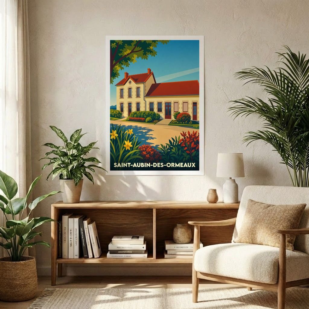 Affiche souvenir de la ville de Saint-Aubin-des-Ormeaux avec une illustration stylisée et colorée.