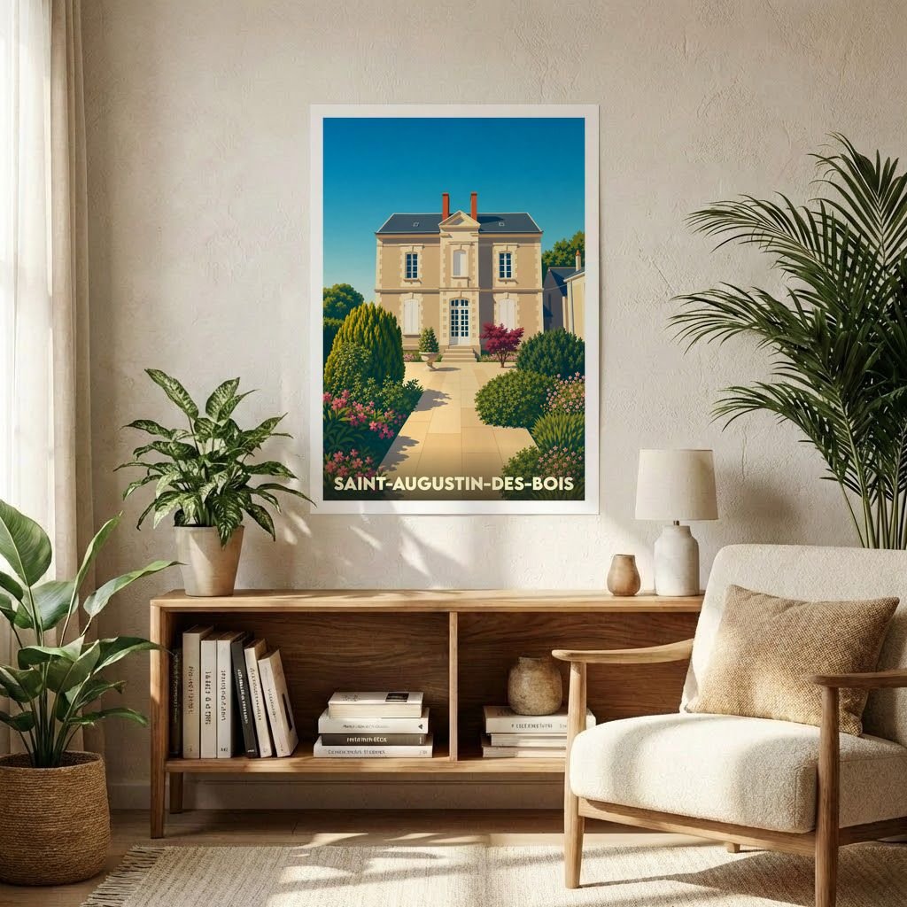 Affiche souvenir de la ville de Saint-Augustin-des-Bois avec une illustration stylisée d'une demeure bourgeoise et de son jardin.
