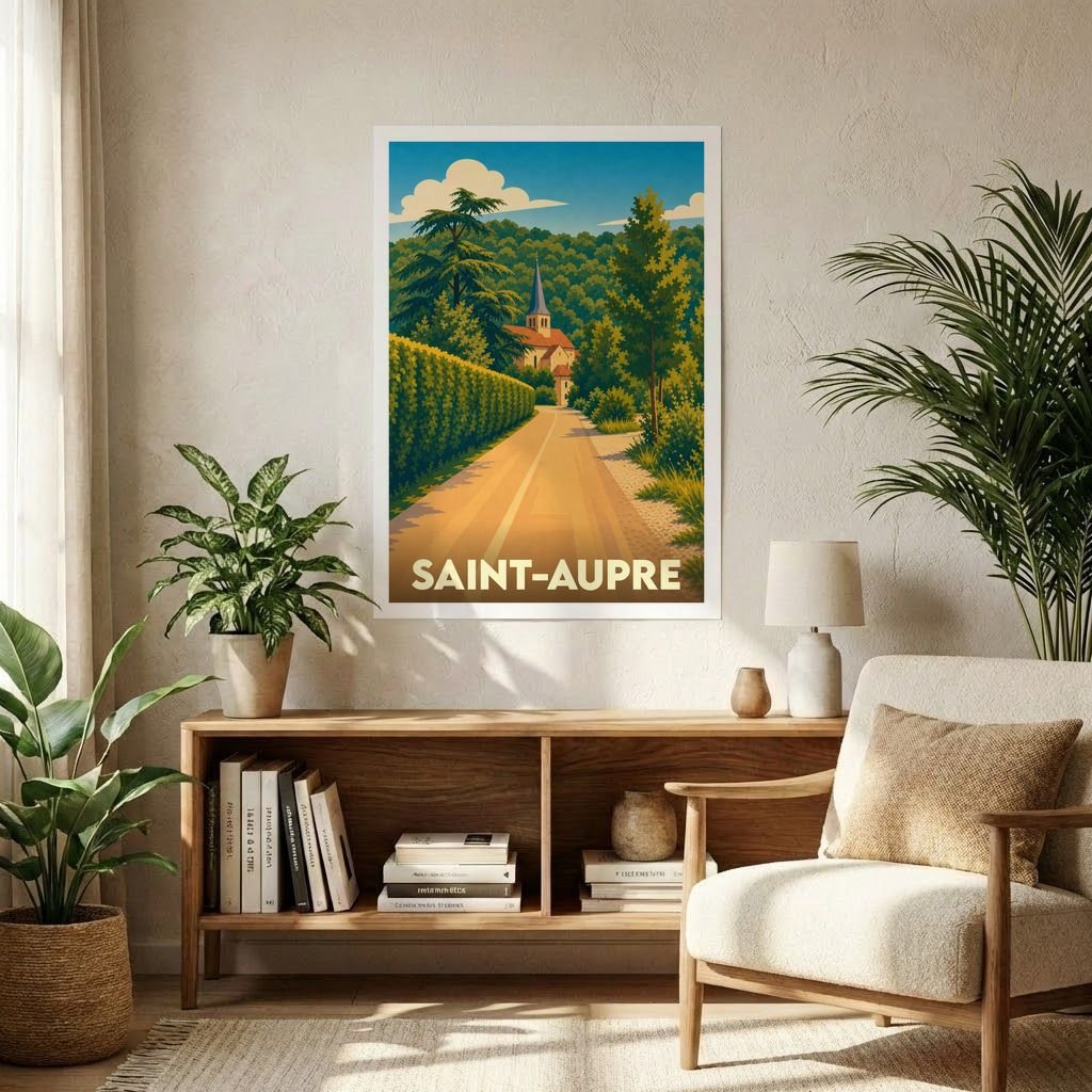 Affiche souvenir de la ville de Saint-Aupre représentant une illustration stylisée d'un chemin menant à l'église.
