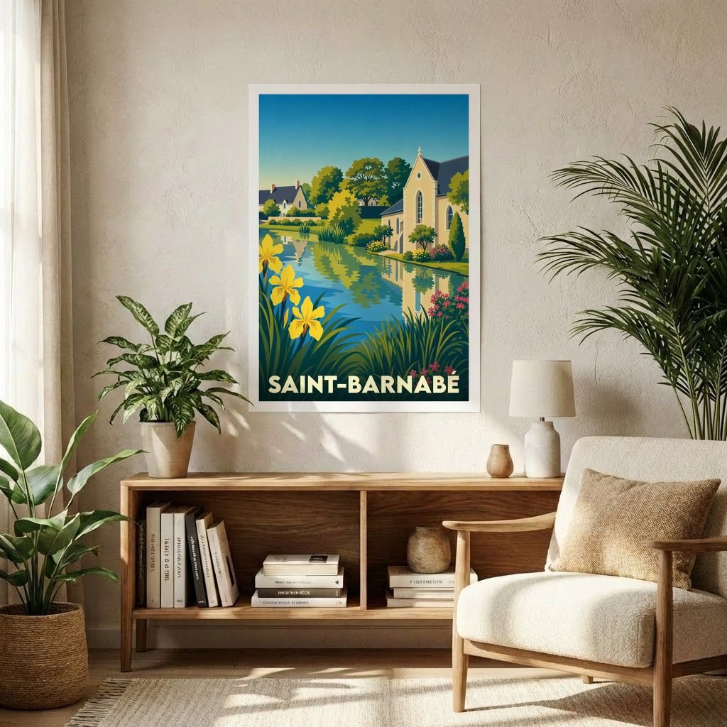 Affiche souvenir de la ville de Saint-Barnabé avec une illustration stylisée et colorée de ses paysages.