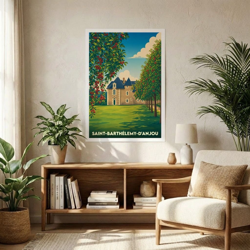 Affiche souvenir de la ville de Saint-Barthélemy-d'Anjou avec une illustration stylisée d'un manoir entouré de vergers.