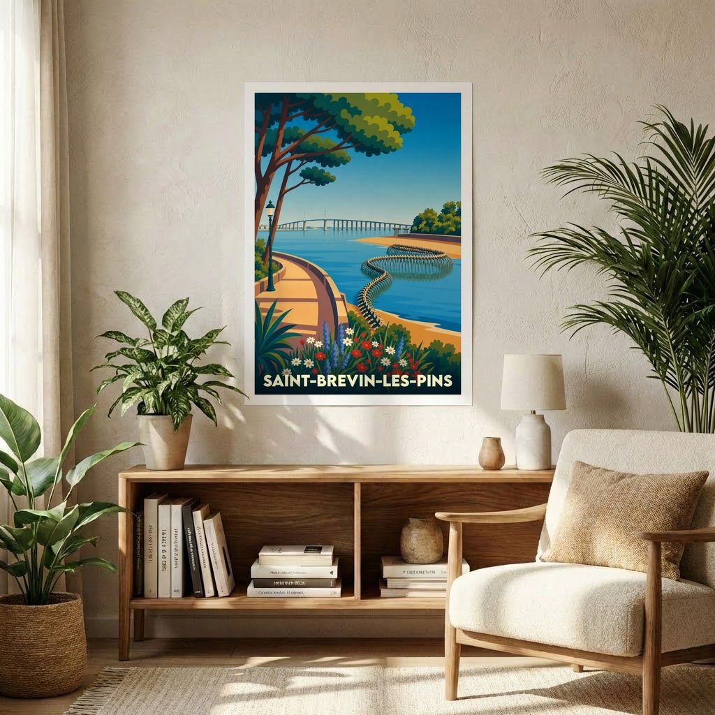 Affiche souvenir de la ville de Saint-Brevin-les-Pins avec une illustration stylisée de son front de mer.
