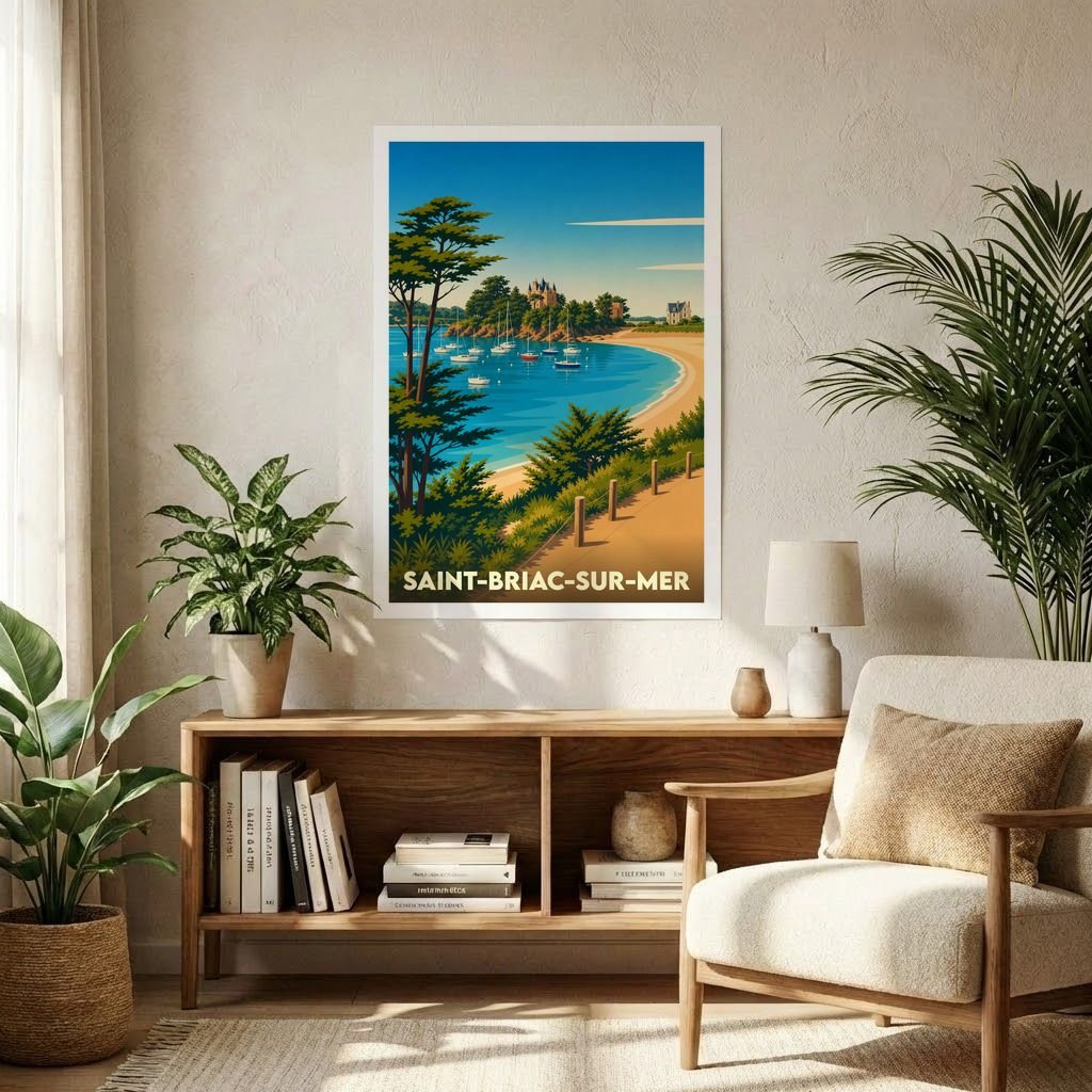 Affiche souvenir de la ville de Saint-Briac-sur-Mer avec une illustration stylisée de son littoral.
