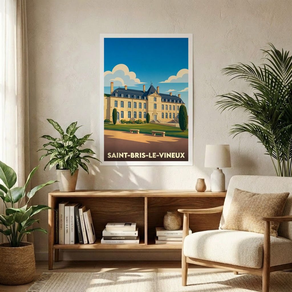 Affiche souvenir de la ville de Saint-Bris-le-Vineux présentant une illustration stylisée de son patrimoine architectural.