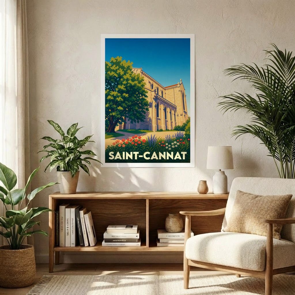 Affiche souvenir de la ville de Saint-Cannat avec une illustration stylisée d'un bâtiment historique et d'un jardin fleuri.