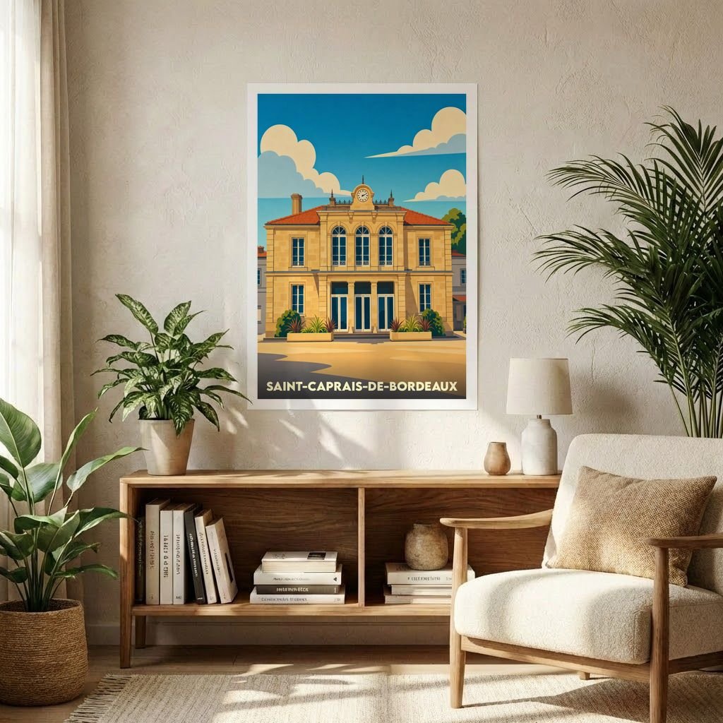 Affiche souvenir de la ville de Saint-Caprais-de-Bordeaux avec une illustration stylisée de sa mairie.