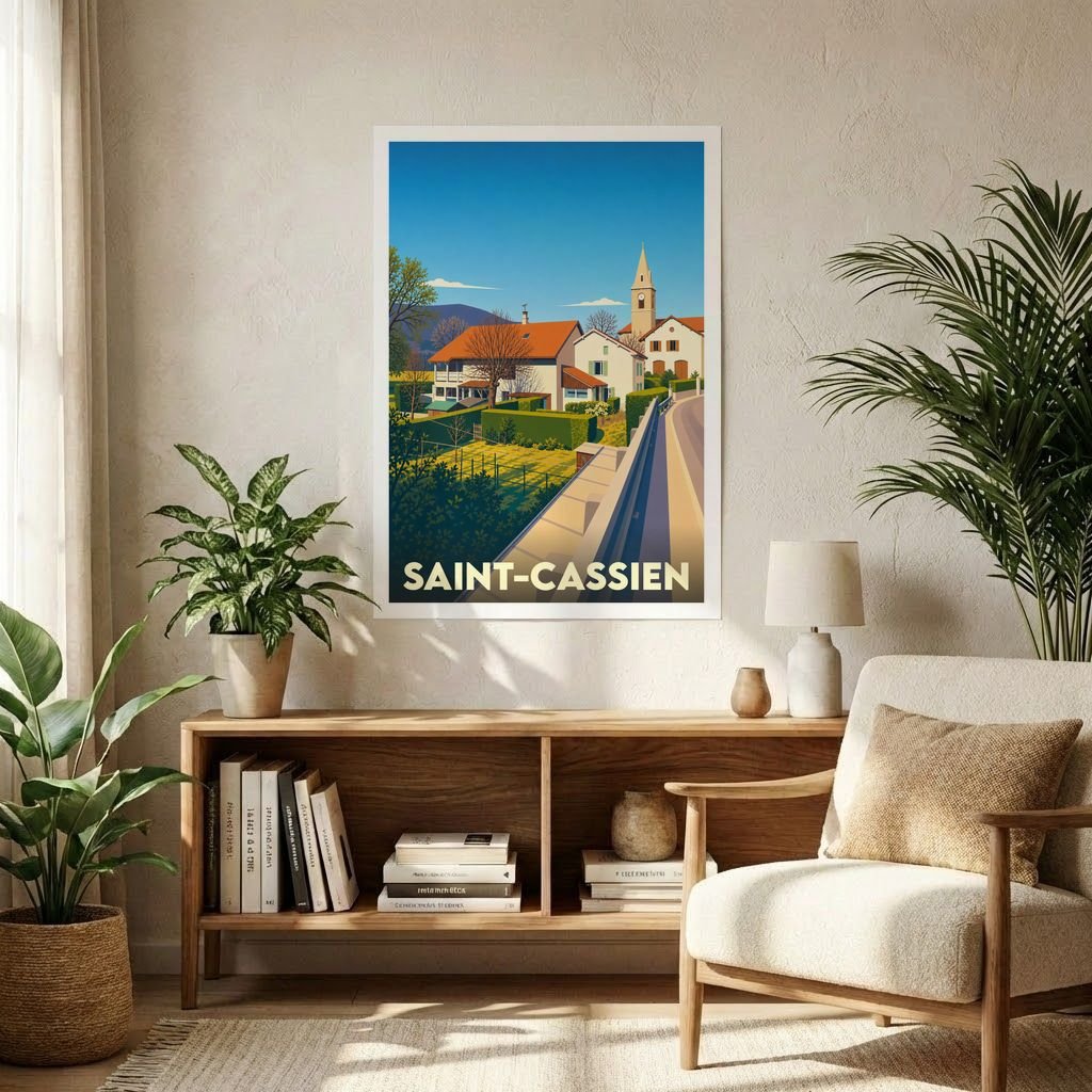 Affiche souvenir de la ville de Saint-Cassien avec une illustration stylisée.