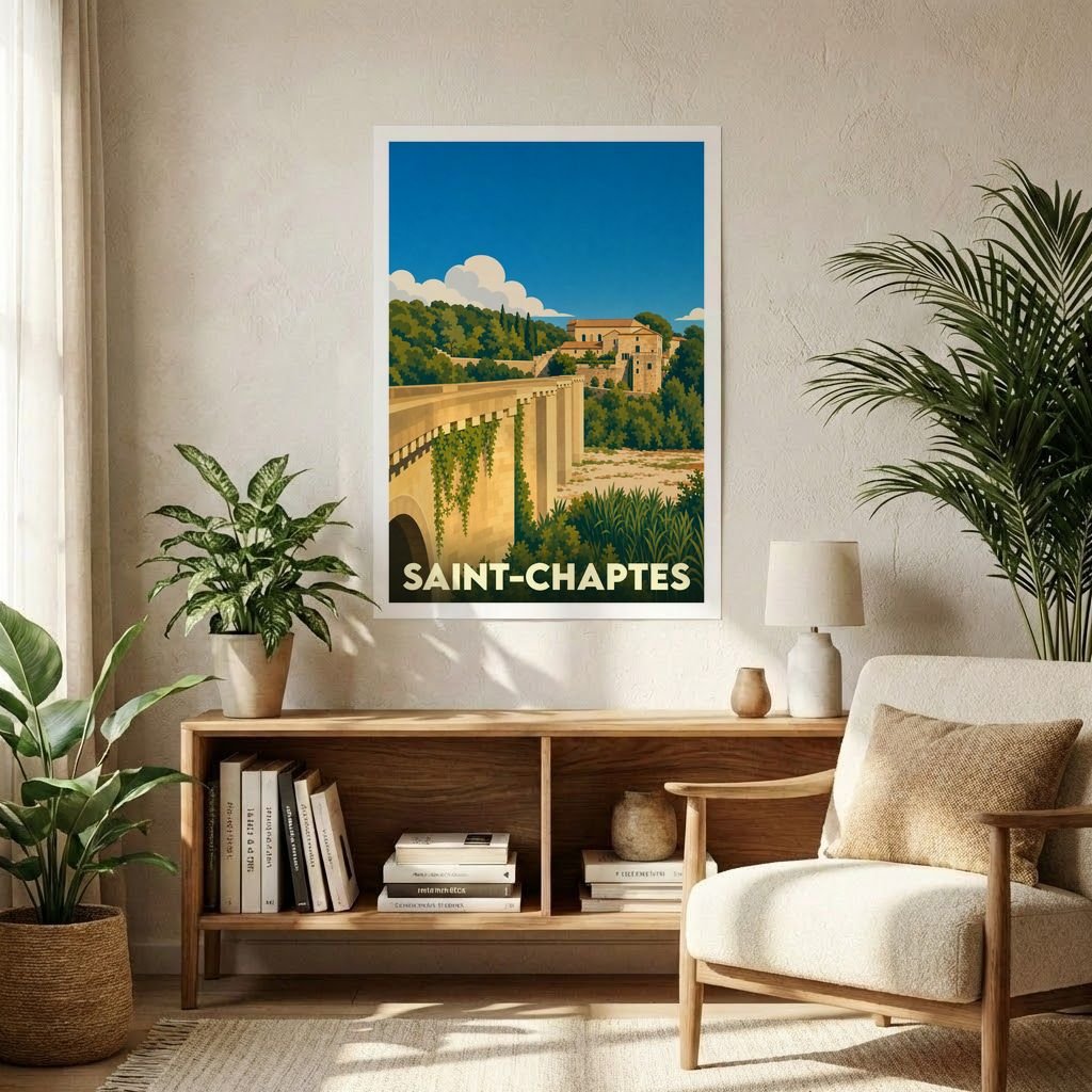 Affiche souvenir de la ville de Saint-Chaptes présentant une illustration stylisée de son pont et de son château.