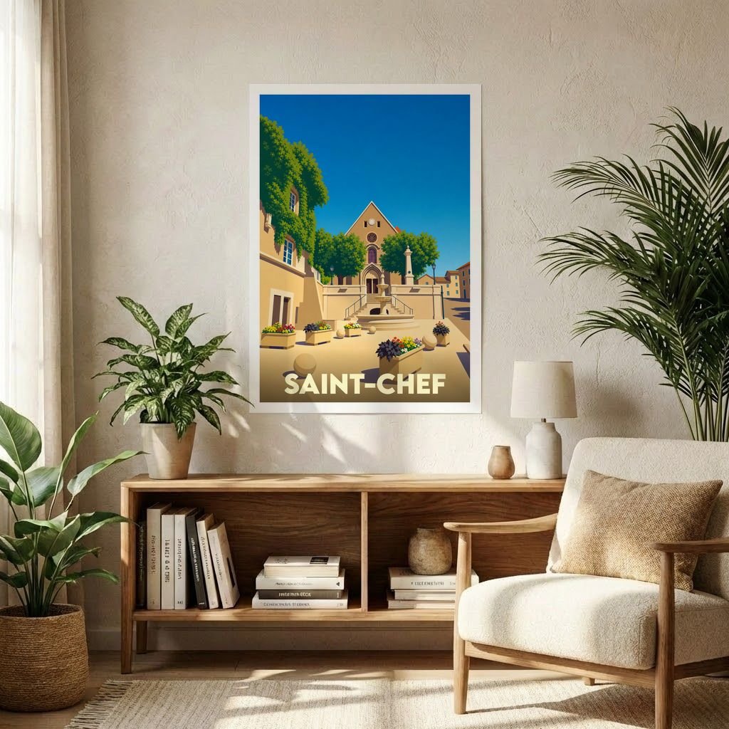 Affiche souvenir de la ville de Saint-Chef avec une illustration stylisée et colorée de sa place centrale.