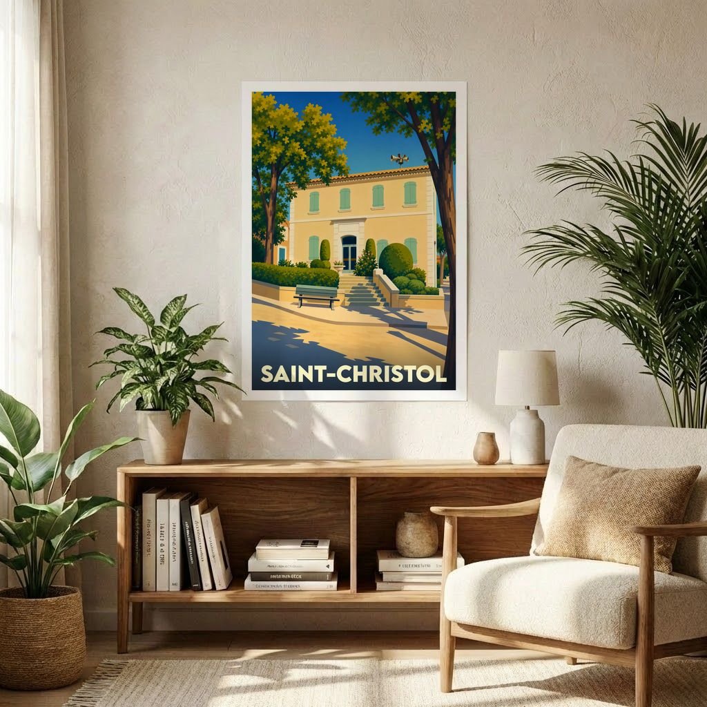 Affiche souvenir de la ville de Saint-Christol avec une illustration stylisée d'un bâtiment provençal sous le soleil.