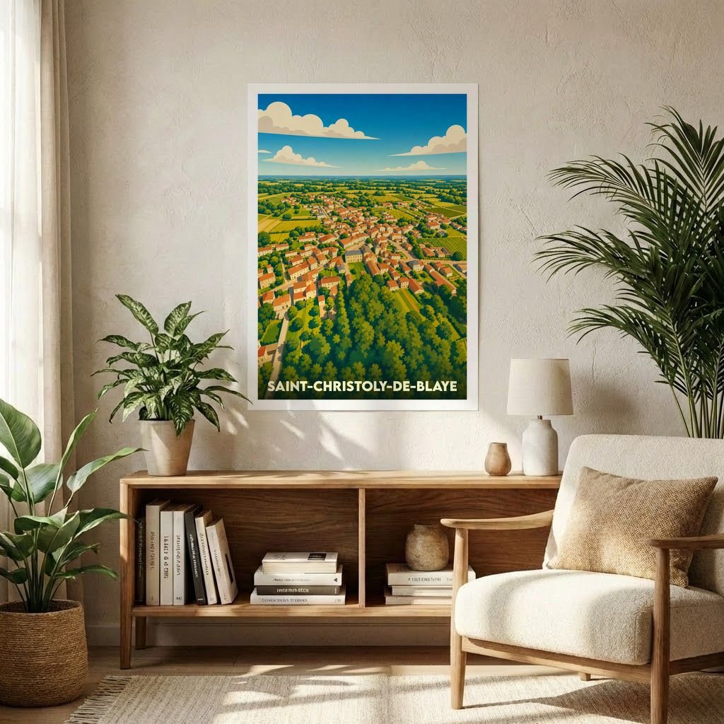 Affiche souvenir de la ville de Saint-Christoly-de-Blaye avec une illustration de style vintage vue du ciel.