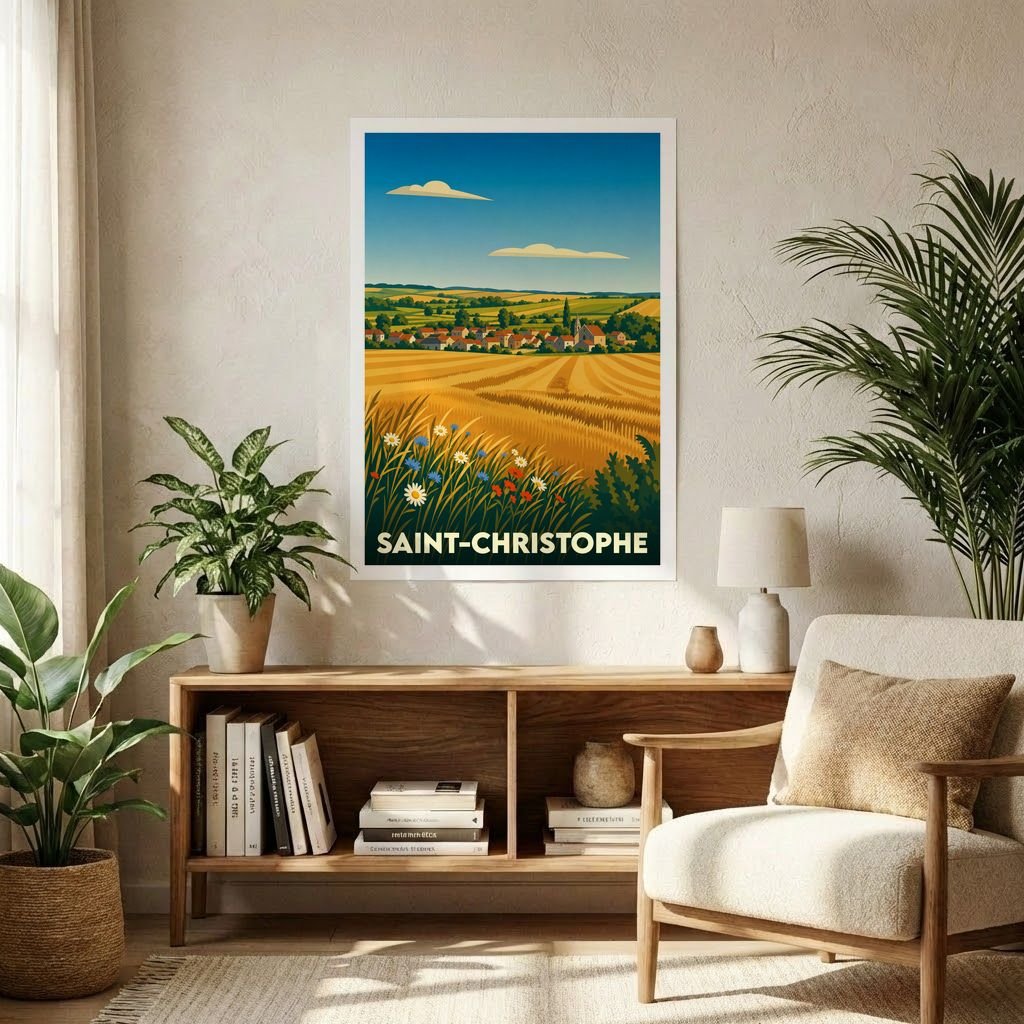 Affiche souvenir de la ville de Saint-Christophe avec une illustration stylisée de champs dorés et d'un village.