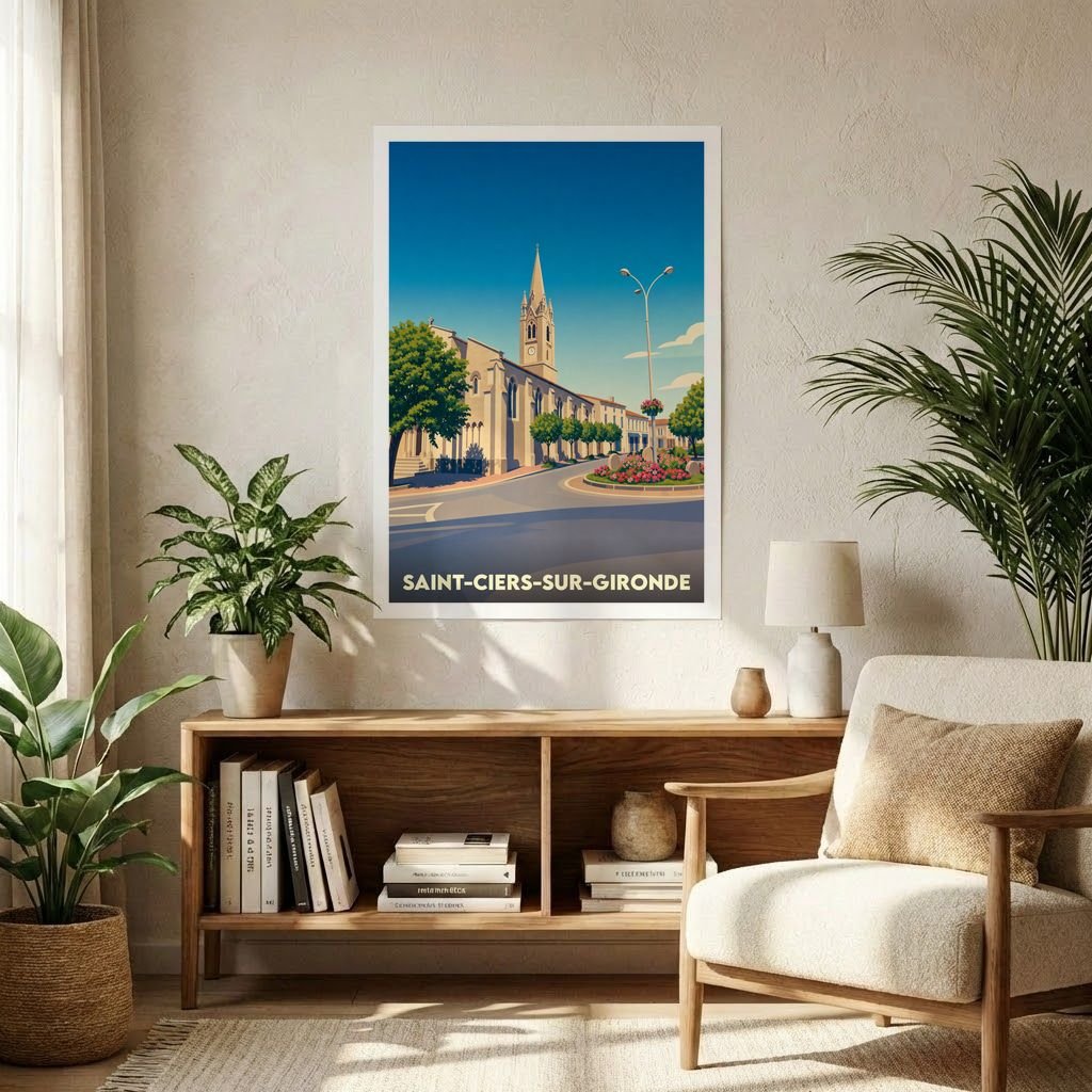 Affiche souvenir de la ville de Saint-Ciers-sur-Gironde avec une illustration stylisée d'une église et d'une rue fleurie.
