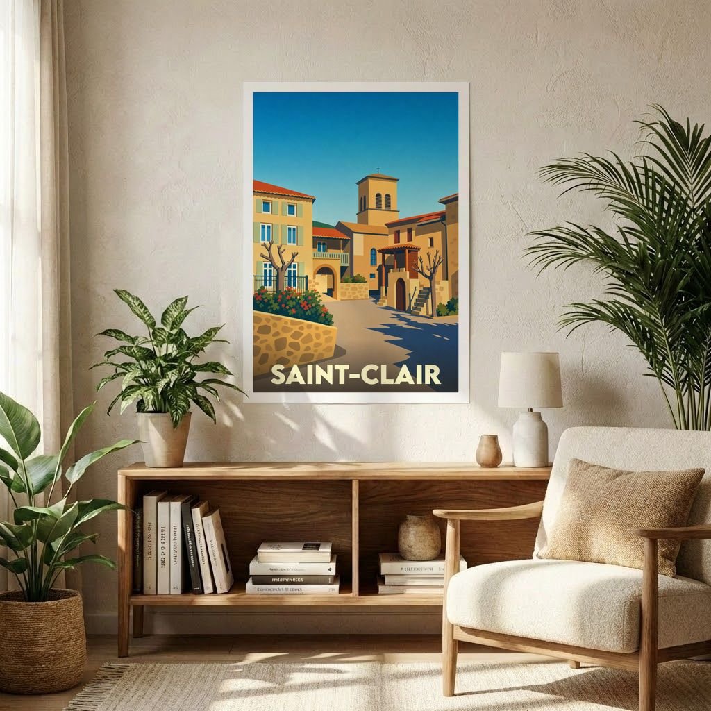 Affiche souvenir de la ville de Saint-Clair avec une illustration stylisée d'un village méditerranéen ensoleillé.