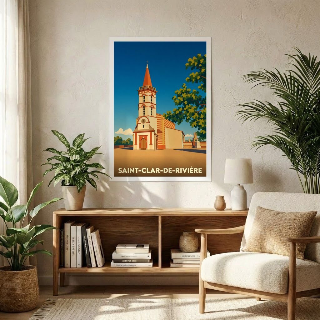 Affiche souvenir de la ville de Saint-Clar-de-Rivière avec une illustration stylisée de son église sous un ciel bleu.