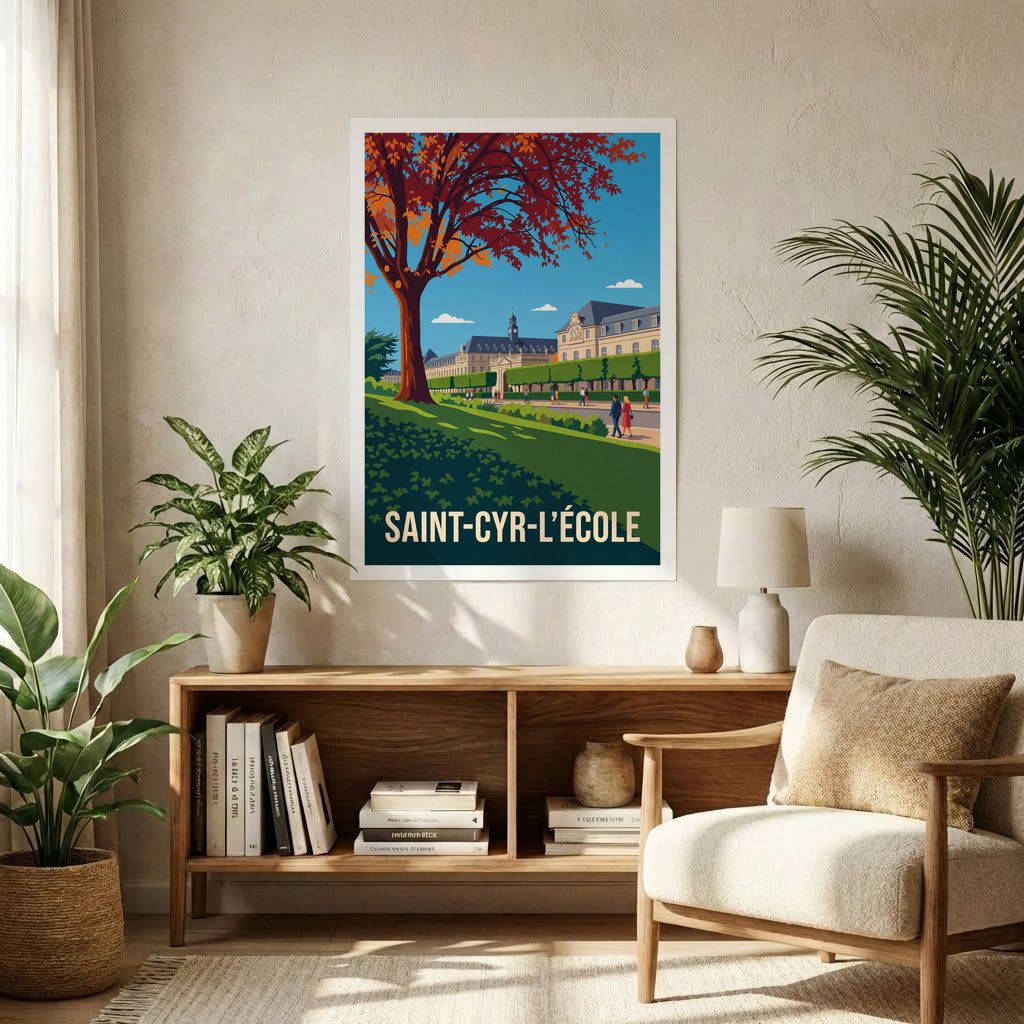 Affiche souvenir de la ville de Saint-Cyr-l'École avec une illustration stylisée et colorée.