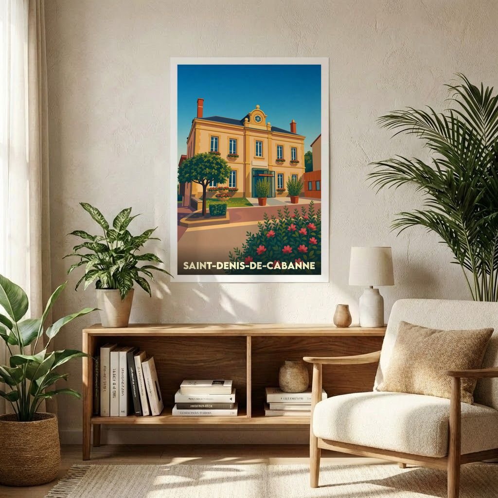 Affiche souvenir de la ville de Saint-Denis-de-Cabanne avec une illustration stylisée.